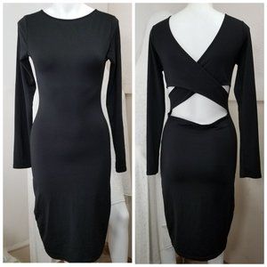 Body Con Dress L Backward Black Stretch Criss Cross Strap Long Sleeve Party Club